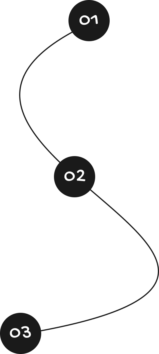 white numbers in black circles 01, 02, 03 joined by a black organic line